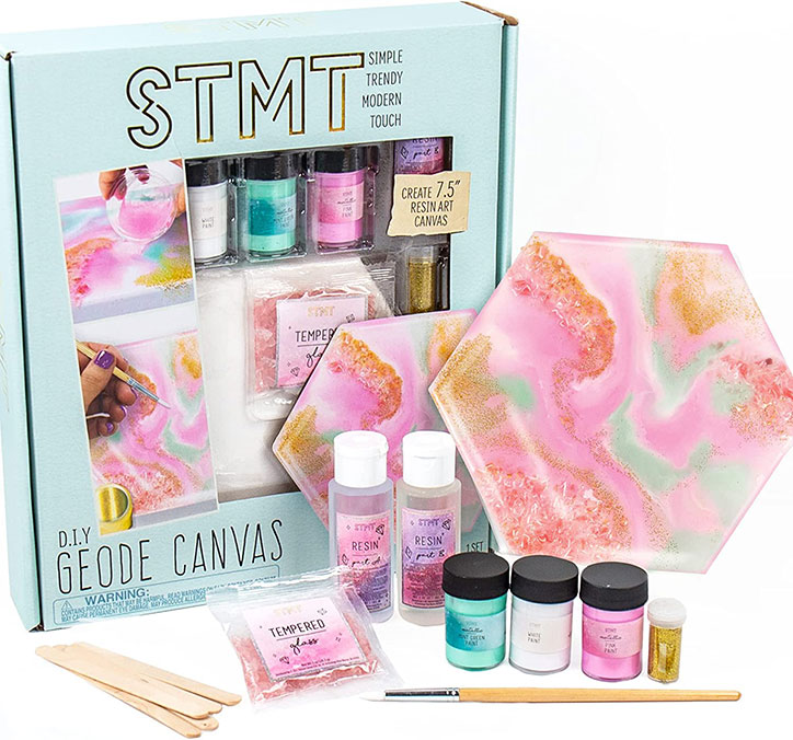 D.I.Y. Geode Canvas Activity Kit including hexagonal canvas, resin, paints, glitter, & brushes
