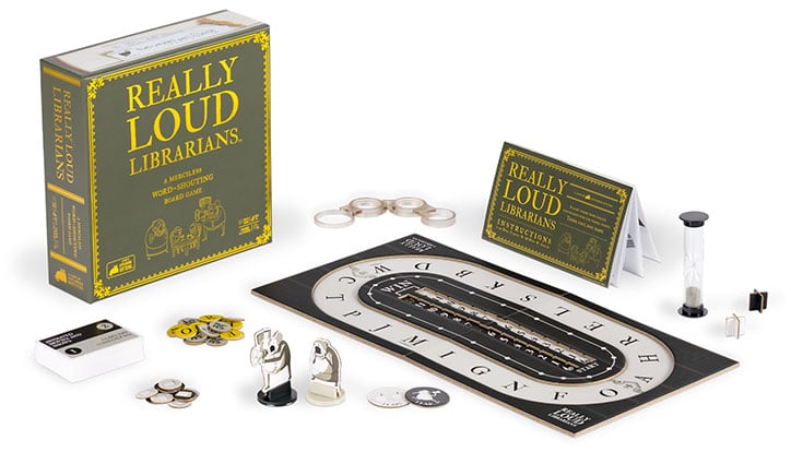 Really Loud Librarians game laid out including all gameplay pieces, board, and box
