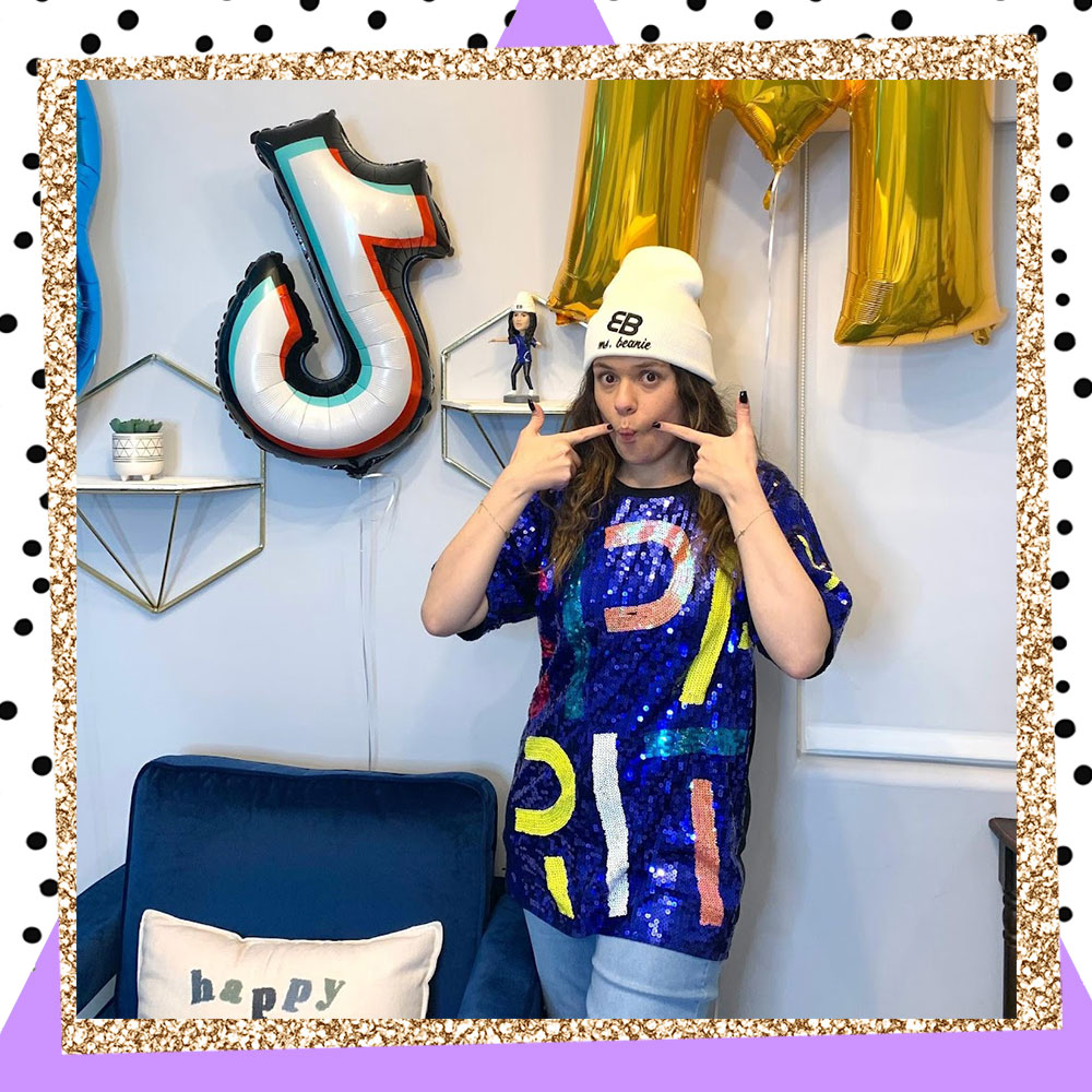 Jennifer Kassir in character as Ms. Beanie celebrating 3 million TikTok followers