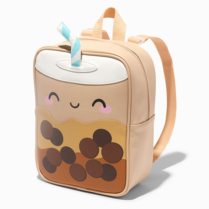 Mini backpack shaped like a cup of bubble tea with a straw and a smiling face