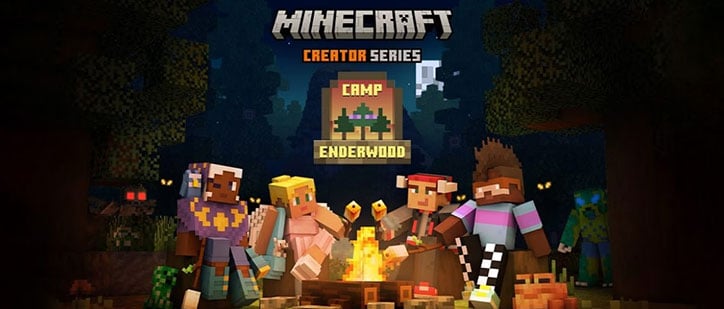 Promotional image for Minecraft Camp Enderwood DLC featuring four characters sitting around a campfire roasting marshmallows