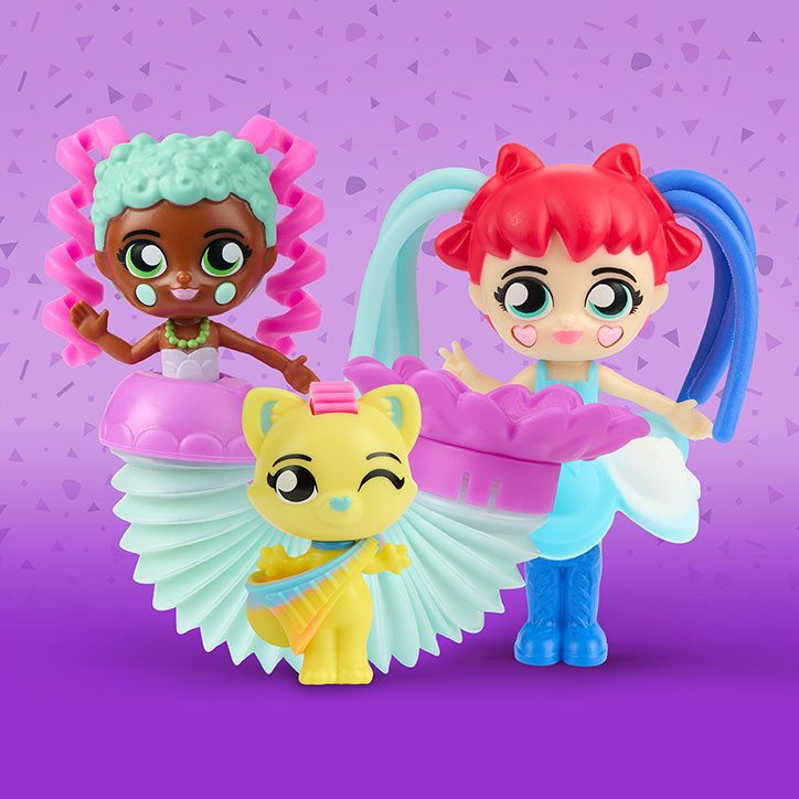 Product photo featuring three characters from the three new Fashion Fidgets lines, Mermaids, Rainbow, and Pets