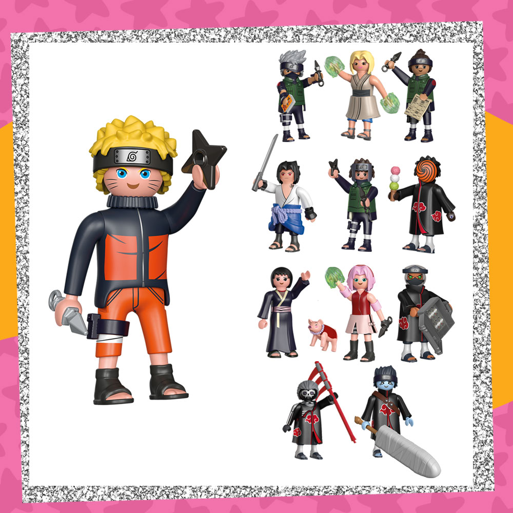 Prize graphic featuring all twelve figures featured in the PLAYMOBIL Naruto Shippuden Giveaway Prize Pack. Fully detailed rules, entry form, & prize info detailed below this image.