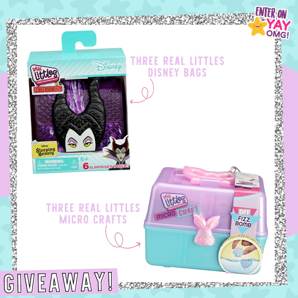 Prize graphic featuring a few of the Real Littles Micro Crafts & Real Littles Disney Bags featured in the Real Littles Giveaway Prize Pack. Fully detailed rules, entry form, & prize info detailed below this image.