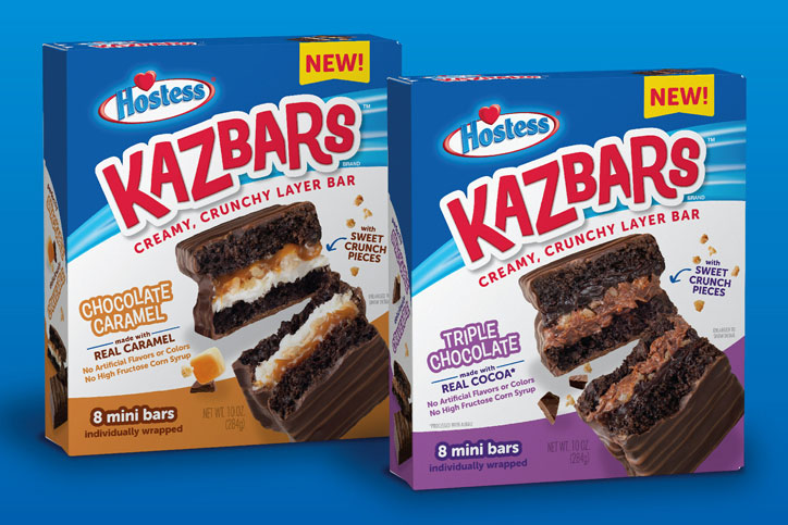 Boxes of two Hostess Kazbars varieties, Triple Chocolate and Chocolate Caramel