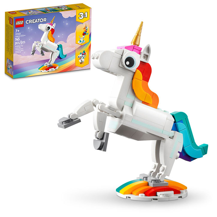 LEGO Creator Unicorn Kit box and completed unicorn project