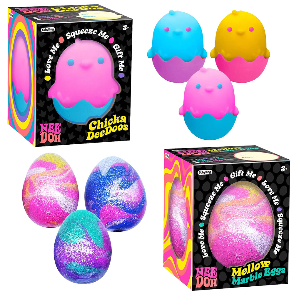 Nee-Doh squishable figets Chicka DeeDoos, shaped like baby chicks,  and Mellow Marble Eggs, shaped like colorful eggs with a marbled effect