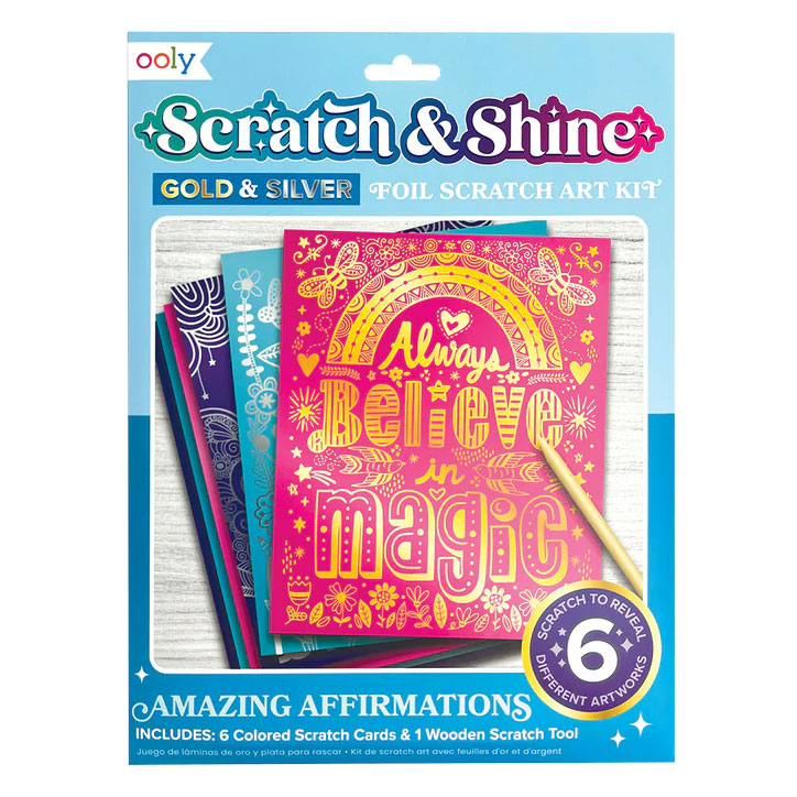 Product image for Scratch and Shine foil scratch art kits showing a fully scratched design that says "Always Believe in Magic" surrounded by rainbows, butterflies, hearts, and other cute icons