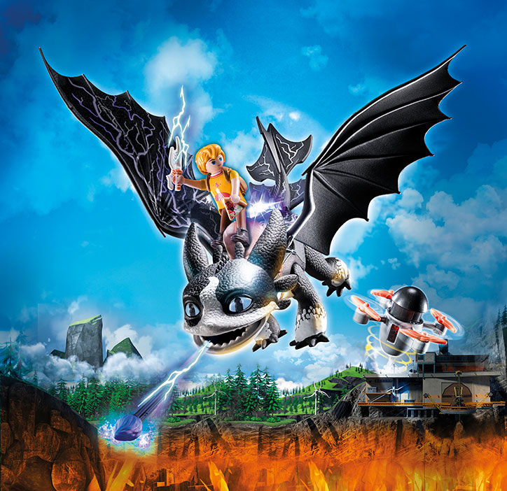 Completed PLAYMOBIL Dragons: The Nine Realms Tom and Thunder set soaring over a backdrop from the tv series