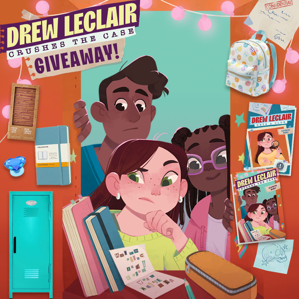 Prize graphic featuring all the times in the Drew LeClair Crushes the Case Giveaway Prize Pack. Fully detailed rules, entry form, & prize info detailed below this image.