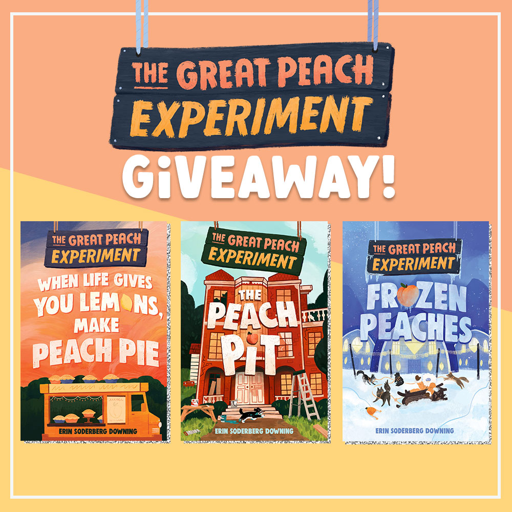 Prize graphic featuring all three books in our The Great Peach Experiment Prize Pack. Fully detailed rules, entry form, & prize info detailed below this image.