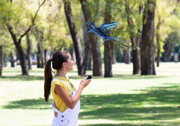 A teenage girl in a park flying an Avatar RC Deluxe Banshee