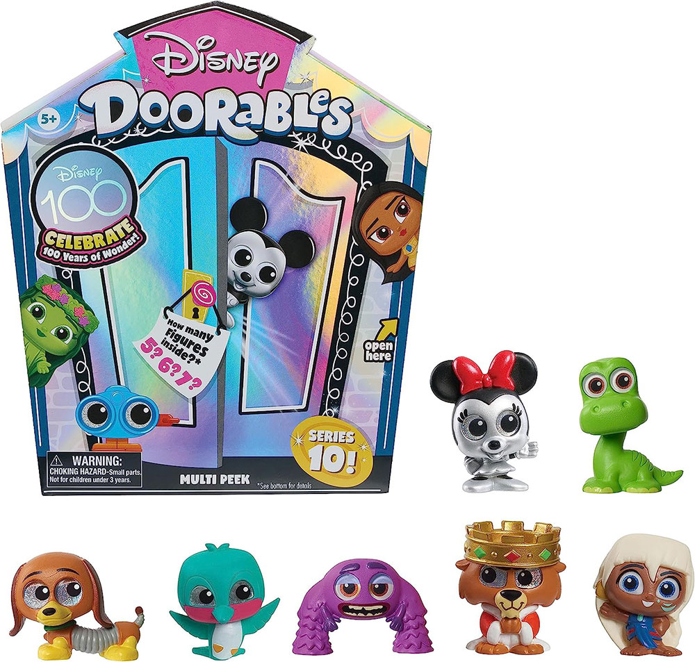 A mix of Disney Doorables Series 10 figures including Minnie Mouse, Arlo, Slinky Dog, Flit, Art, Prince John, and Kida Nedakh