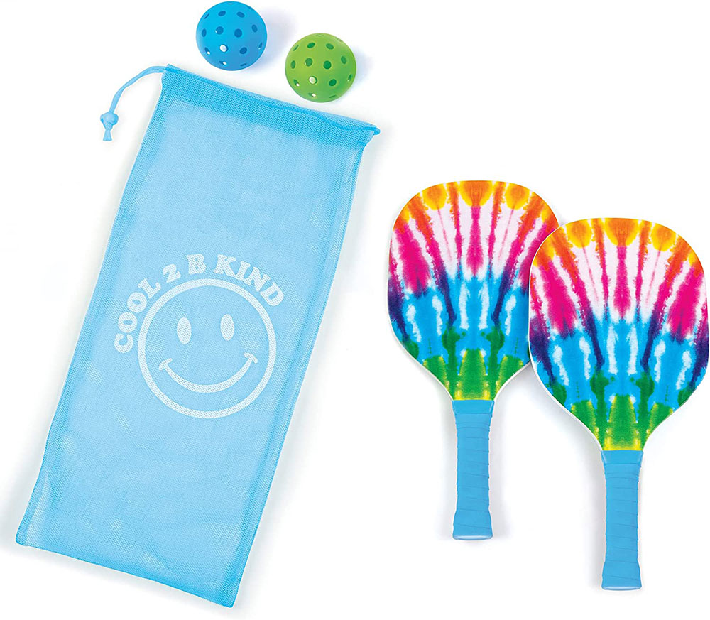 Tie-Dye pickleball paddles, balls, and travel bag included in the 3C4G 2 Person Pickleball Set