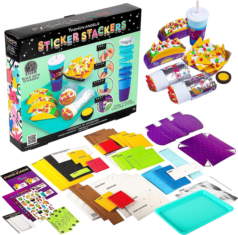 Flaylay featuring all of the included foam stickers, decorative stickers, and accessory elements in the Taco Sticker Stackers kit