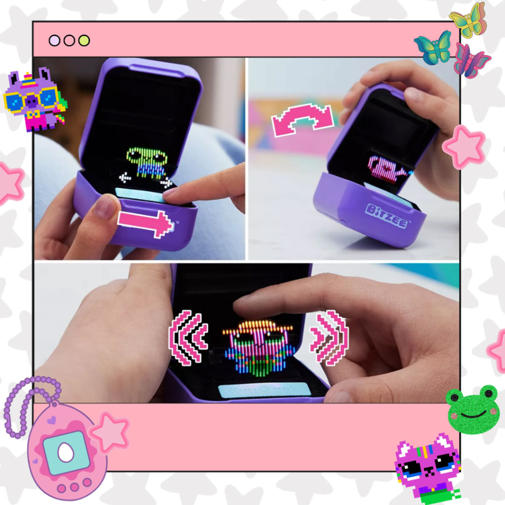 Different views of a kid playing with a Bitzee digital pet, including swiping through the menu, tilting the device to rock it to sleep, and touching it's head to pet it