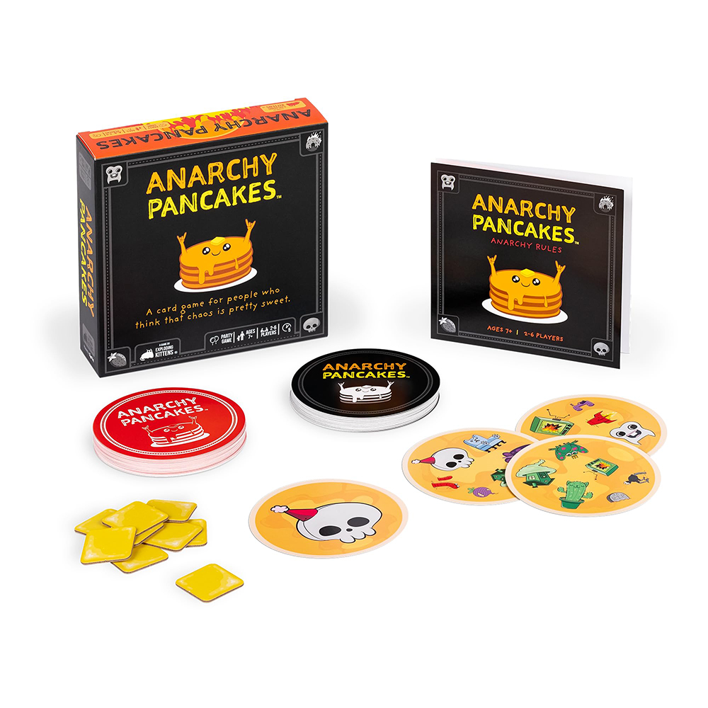 Anarchy Pancakes game box surrounded by game pieces