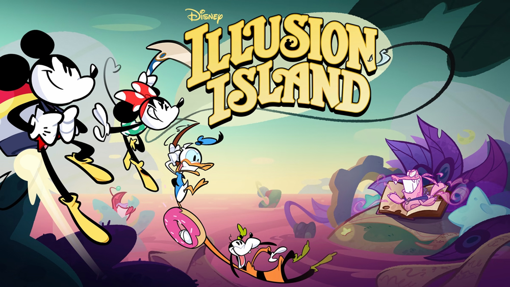 Mickey, Minnie, Donald, and Goofy in an illustrated world, facing a pink crocodile-like enemy bursting out of an open book. The Disney Illusion Island is placed above them.