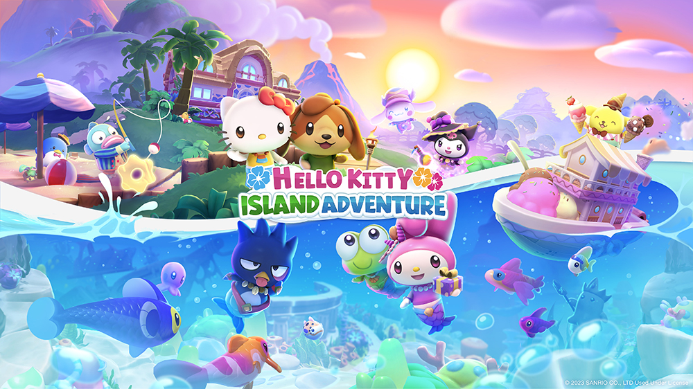 Hello Kitty, Badtz Maru, Keroppi, My Melody, and other Sanrio characters on a tropical island with a pink sunset in the background. Some of the characters are swimming underwater. The Hello Kitty Island Adventure logo is placed in the center.