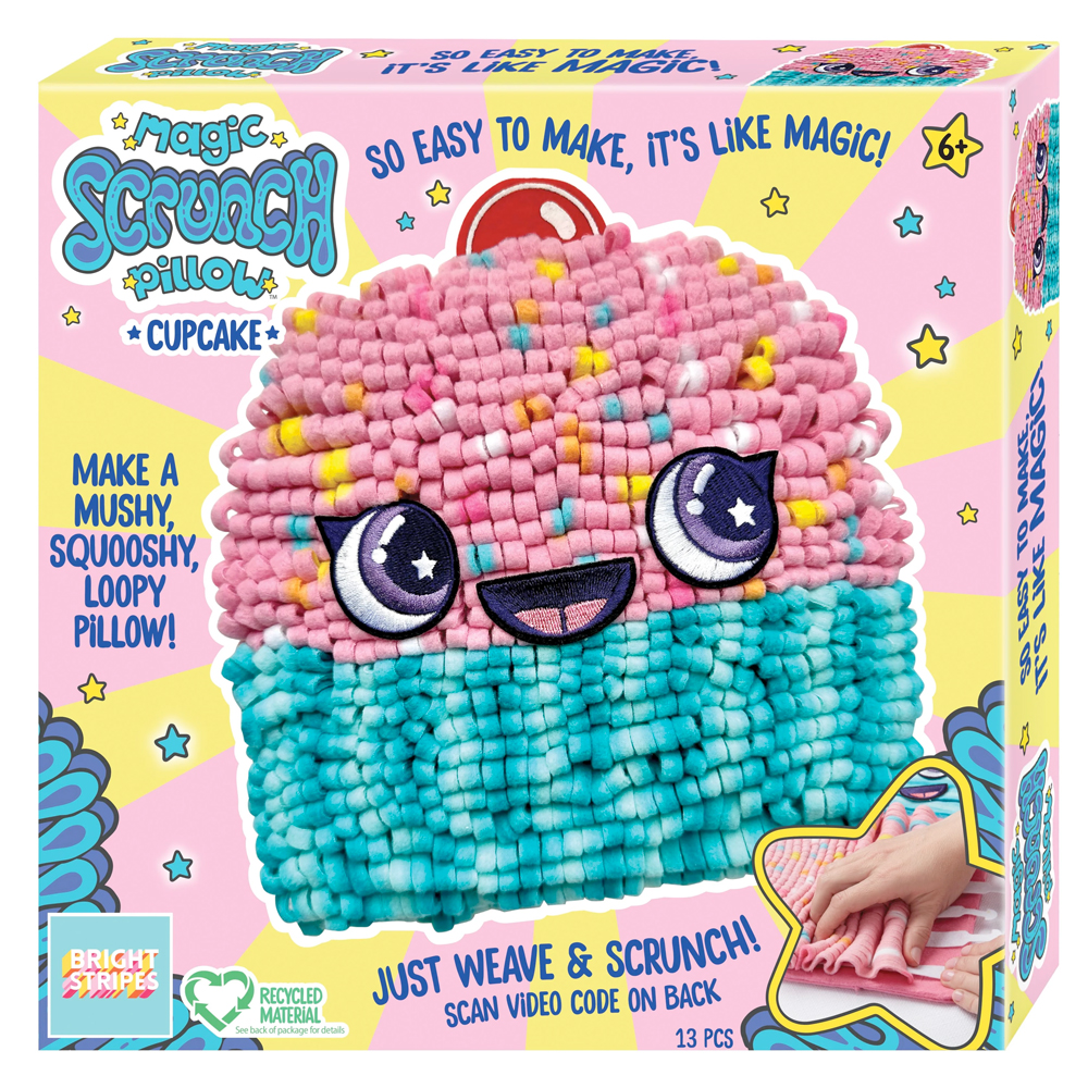 Magic Scrunch Pillow box art, featuring a completed cupcake pillow that is smiling with pink frosting, a blue wrapper, and a cherry on top.