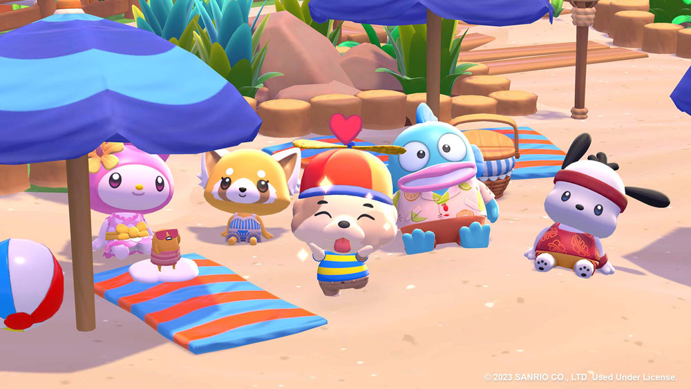 My Melody, Retsuko, Hangyodon, Pochacco, and a customized character stand on a sunny beach, surounded by umbrellas, beach towels, and tropical plants.