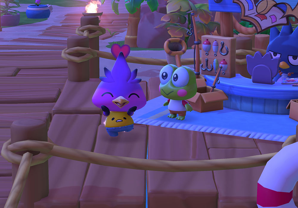 A customized character smiles excitedly next to Keroppi on a wooden boardwalk. Badtz-Maru's seaside comic stand can be seen in the background.