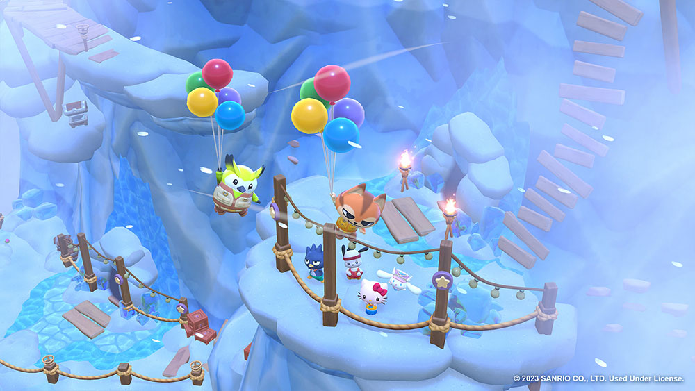Two customized characters soar over an icy mountain using a handful of balloons in Hello Kitty Island Adventure. Familiar Sanrio characters can be seen below.