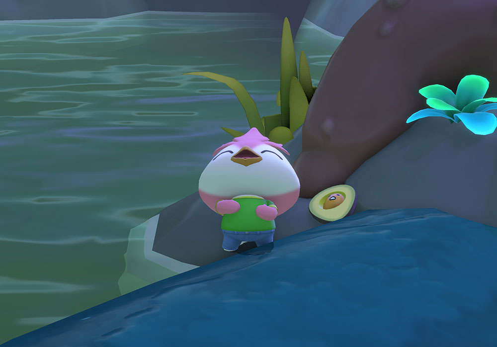 An adorable bird character throws its heads back laughing while next to an avocado shaped Gudetama in the Spooky Swamp area of Hello Kitty Island Adventure