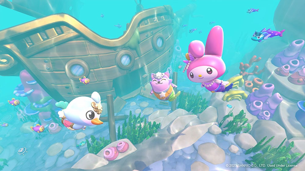 My Melody and adorable customized characters wear mermaid fins and explore an underwater ship in Hello Kitty Island Adventure