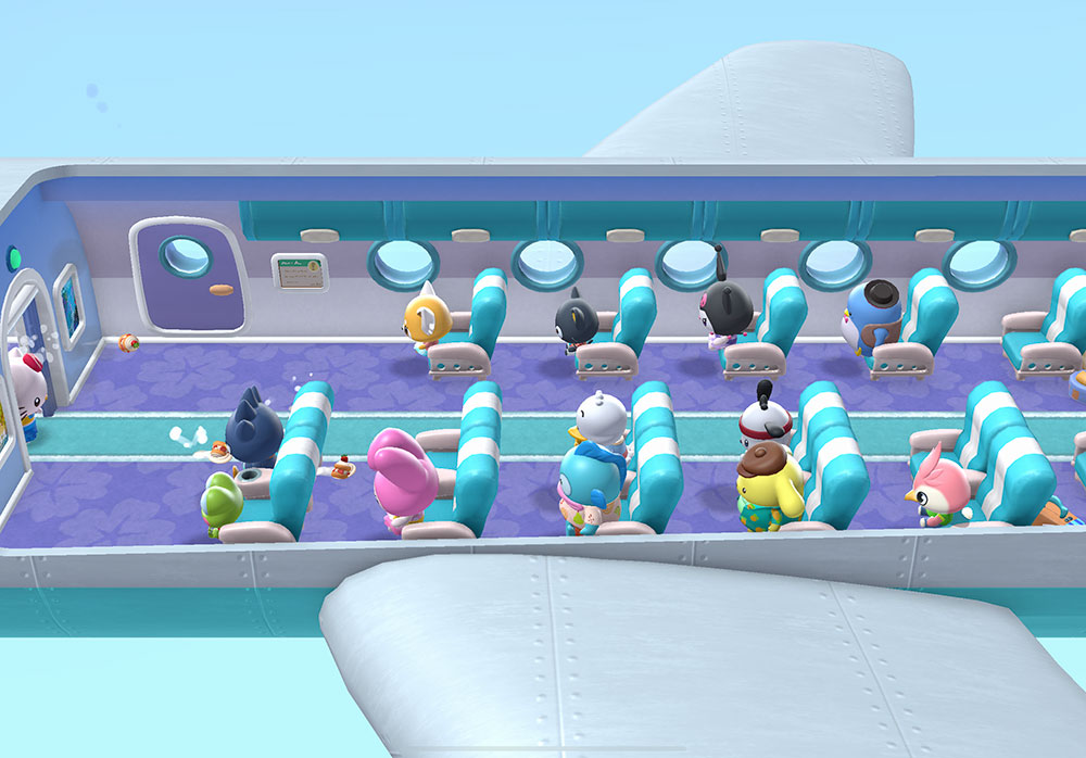 The opening scene of Hello Kitty Island Adventure. Familiar Sanrio characters are seated on an airplane.