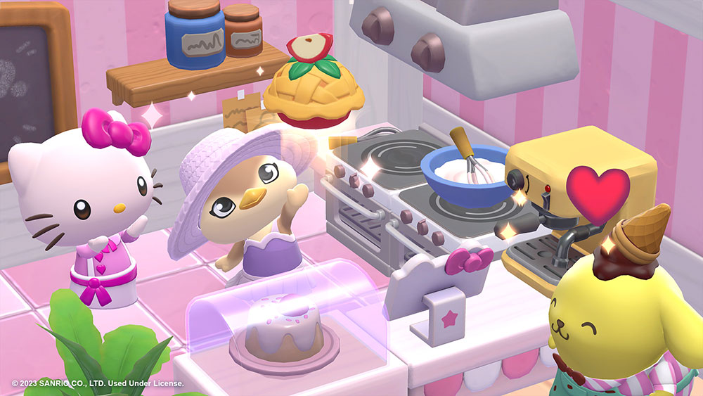Hello Kitty and Pompompurin stand in island cafe awaiting an apple pie baked by the player