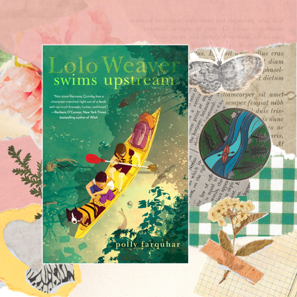 Prize graphic featuring the items in the Lolo Weaver Swims Upstream Giveaway Prize Pack, including a copy of the book and a kayak enamel pin. Fully detailed rules, entry form, & prize info detailed below this image.