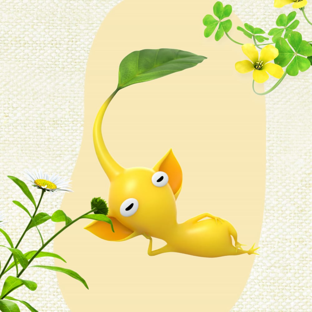 Yellow Pikmin laying down, leaning its head on its hand