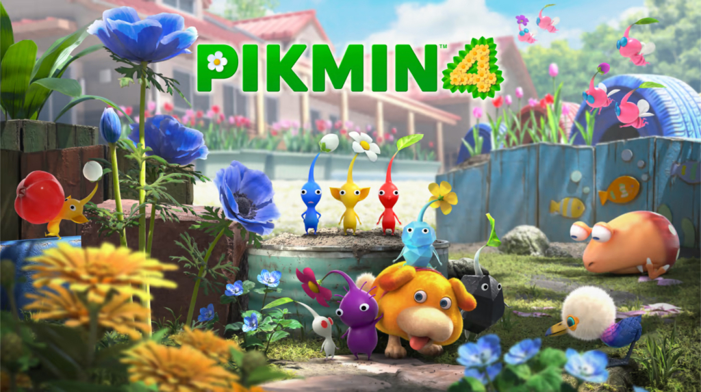 All 9 types of Pikmin and Oatchi standing in a garden filled with flowers, rocks, and birds with the game logo above them.