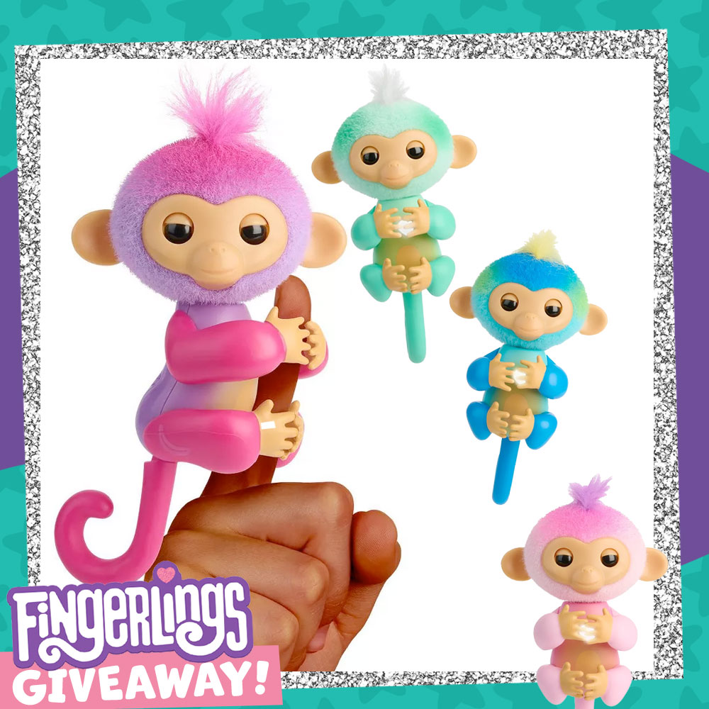 Prize graphic featuring all four new Fingerlings available in our giveaway. Fully detailed rules, entry form, & prize info detailed below this image.