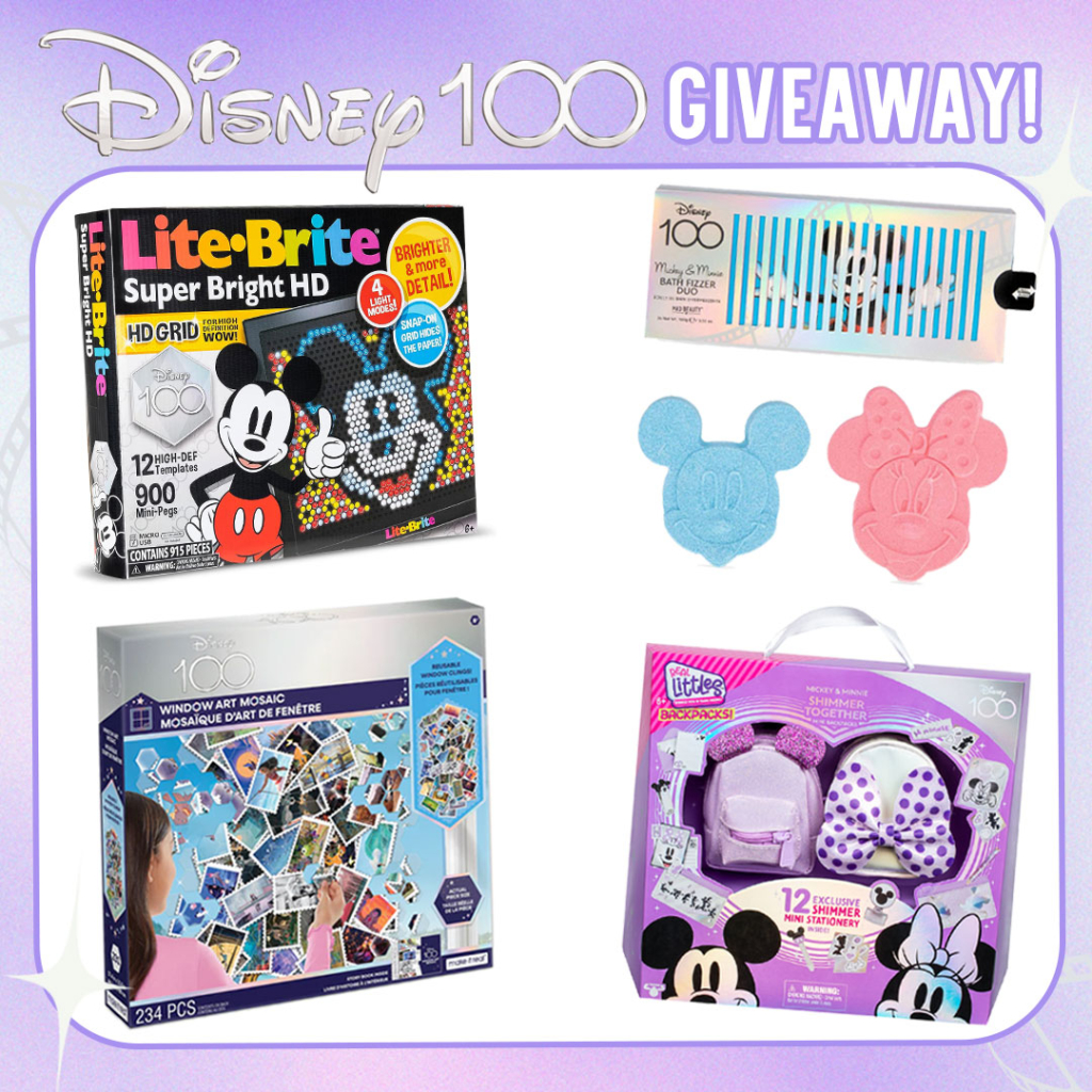 Prize graphic featuring all four Disney 100 products available in our giveaway. Fully detailed rules, entry form, & prize info detailed below this image.