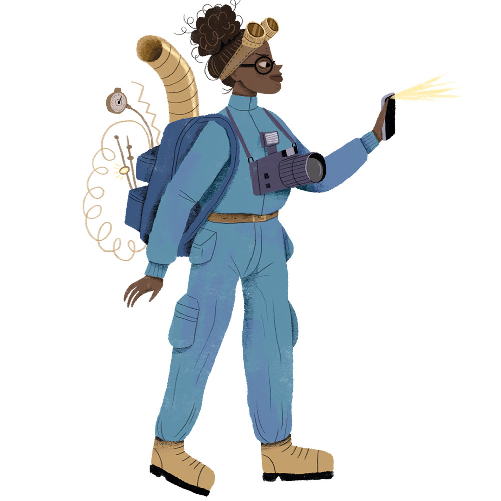 Illustration of a young black woman wearing a jumpsuit. She has a backpack full of ghost hunting gear on her back, a camera hanging around her neck, and she is using her phone as a flashlight.