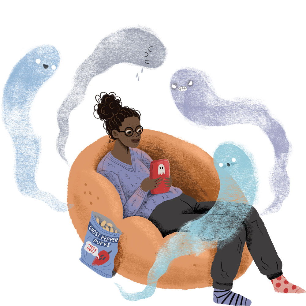 Illustration of a teen girl sitting in a bean bag chair, looking at their phone. They are eating spicy cheese puffs. Ghosts are swirling around them.