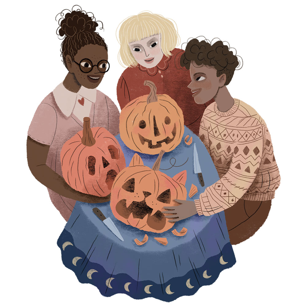 Illustration of a group of teen girls sitting around a table carving pumpkins