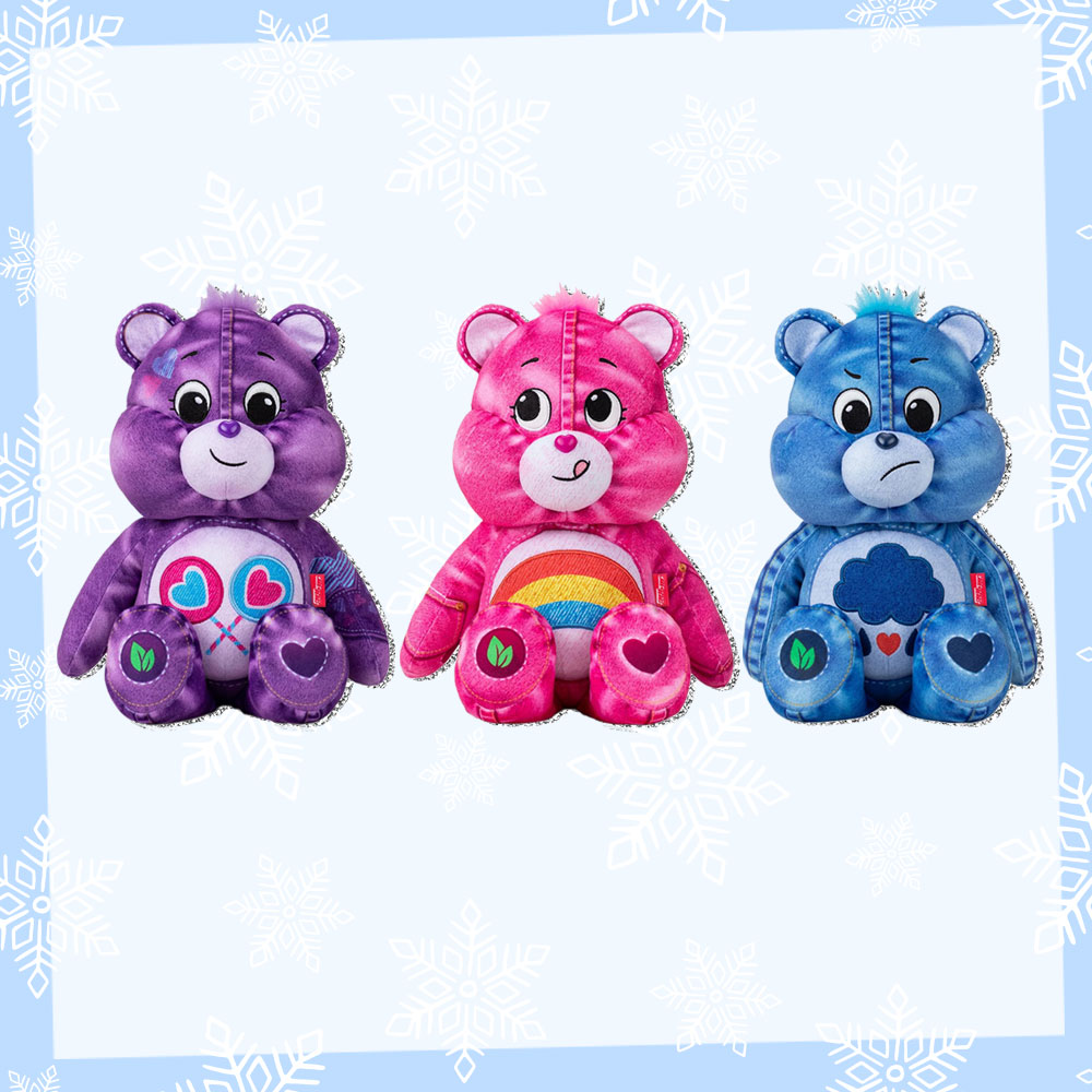 Prize graphic featuring all three Care Bears Denim Collection Plush included in our giveaway. Fully detailed rules, entry form, & prize info detailed below this image.