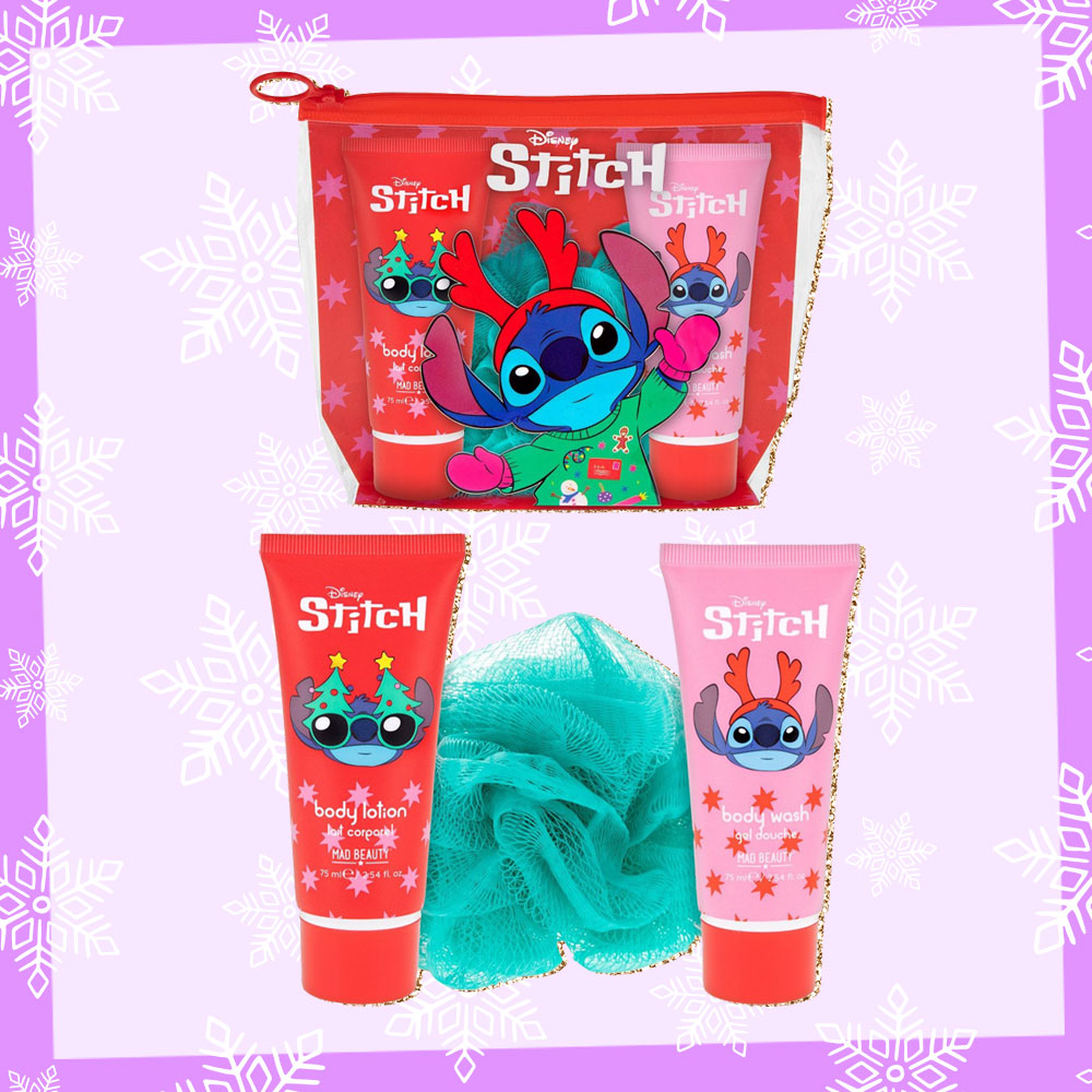 Prize graphic featuring the bath & body items included in the Mad Beauty Disney Stitch at Christmas Giveaway. Fully detailed rules, entry form, & prize info detailed below this image.