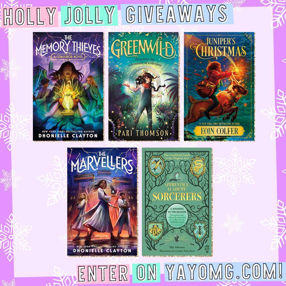 Prize graphic featuring all 5 books included in our Macmillan Magical Reads giveaway. Fully detailed rules, entry form, & prize info detailed below this image.
