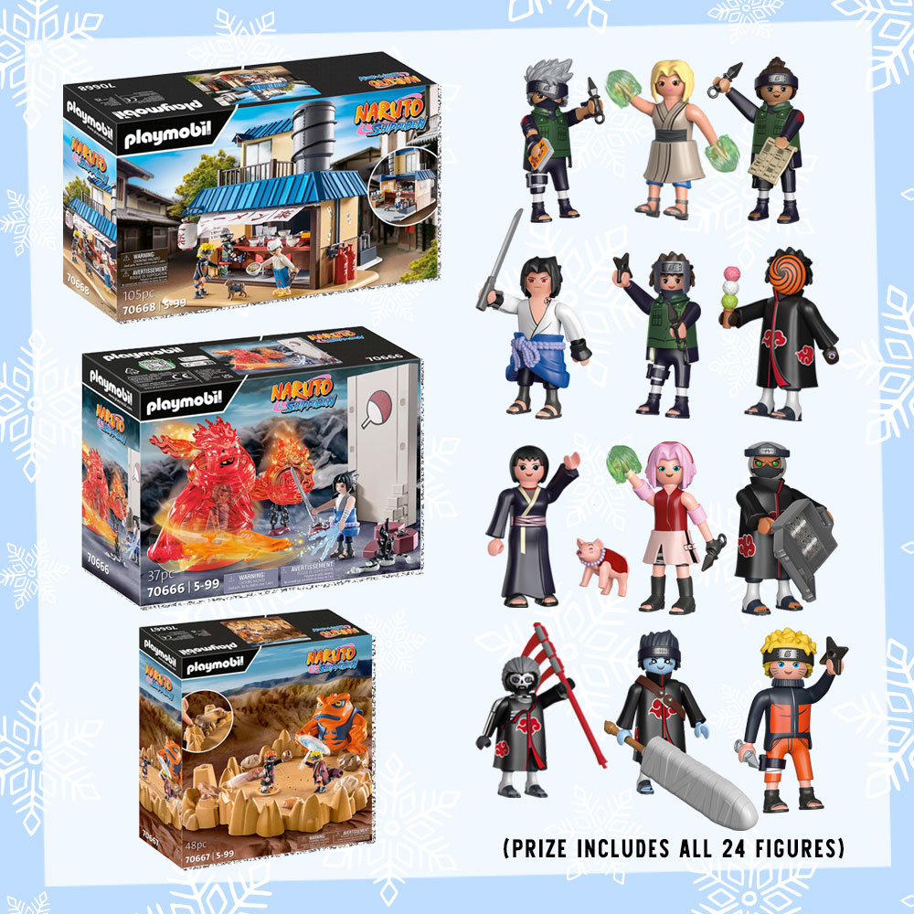 Prize graphic featuring all 3 sets and 12 of the 24 figures included in our PLAYMOBIL Naruto Shippuden giveaway. Fully detailed rules, entry form, & prize info detailed below this image.