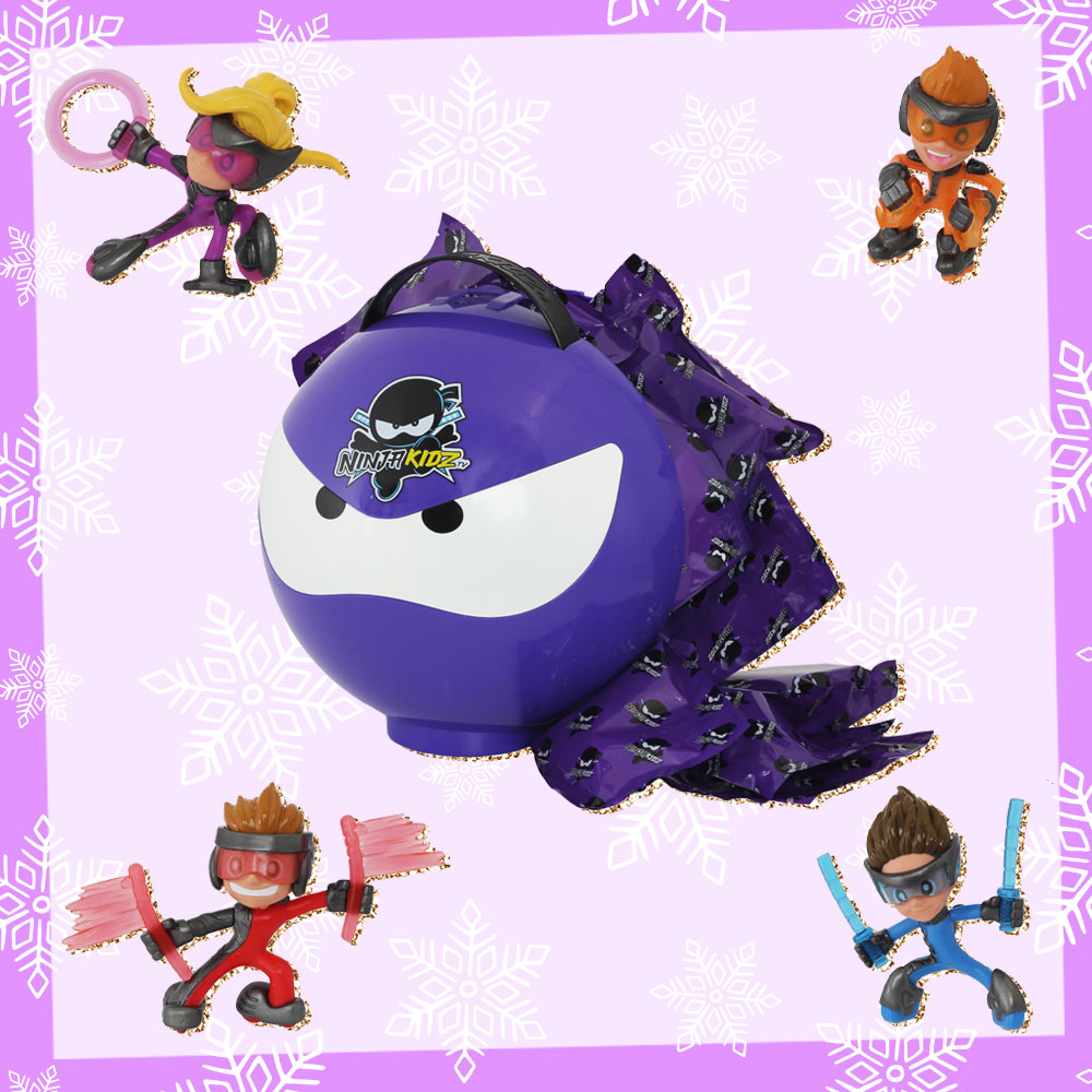 Prize graphic featuring the Giant Mystery Ball and a few of the Ninja Kidz TV surprise toys included in the Ninja Kidz TV Giant Mystery Ninja Ball giveaway. Fully detailed rules, entry form, & prize info detailed below this image.