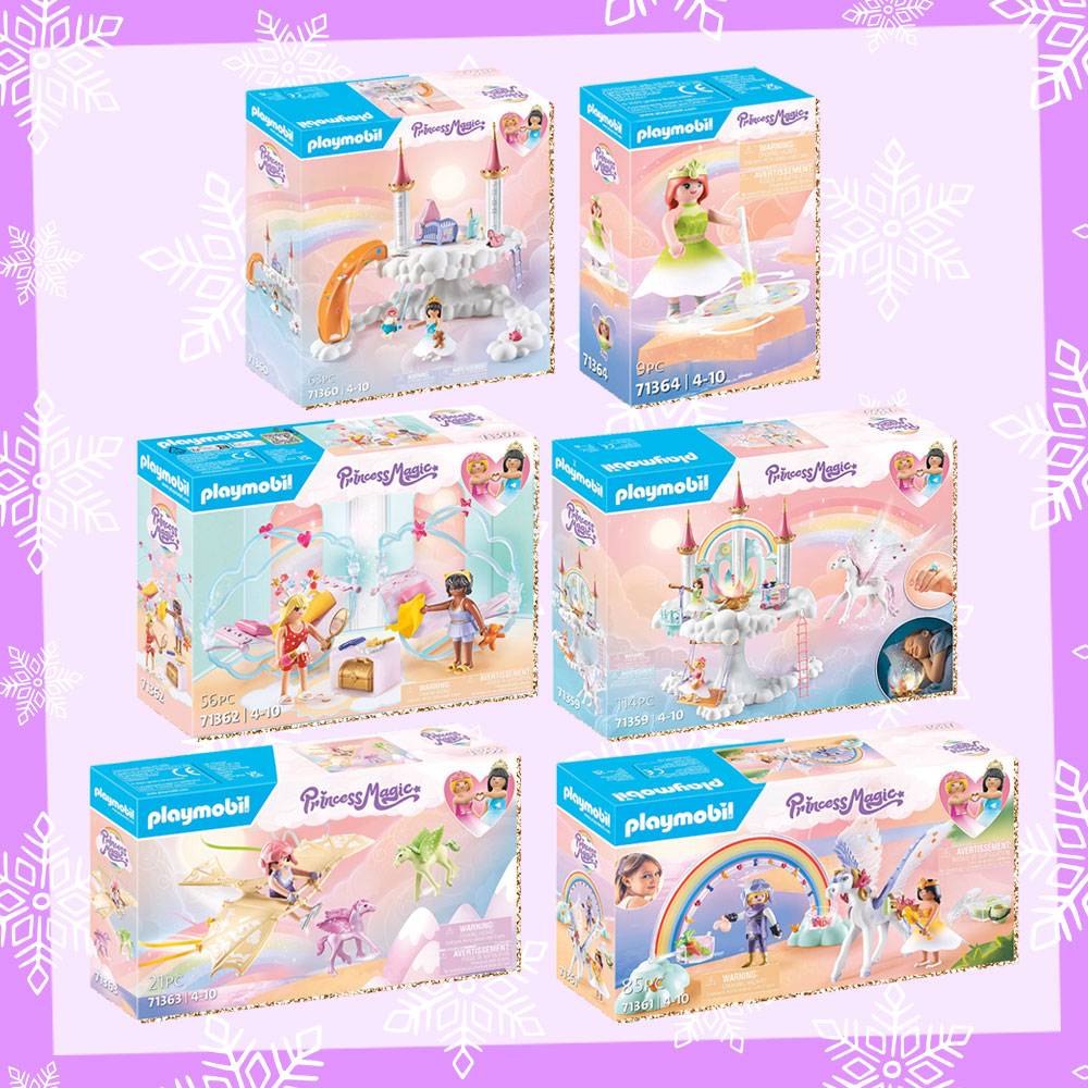 Prize graphic featuring all 6 sets included in our PLAYMOBIL Rainbow Castle in the Clouds giveaway. Fully detailed rules, entry form, & prize info detailed below this image.
