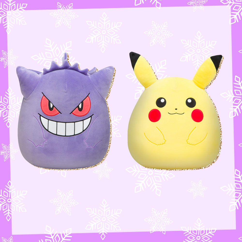 Prize graphic featuring the Gengar and Pikachu Pokémon Squishmallows included in our giveaway. Fully detailed rules, entry form, & prize info detailed below this image.