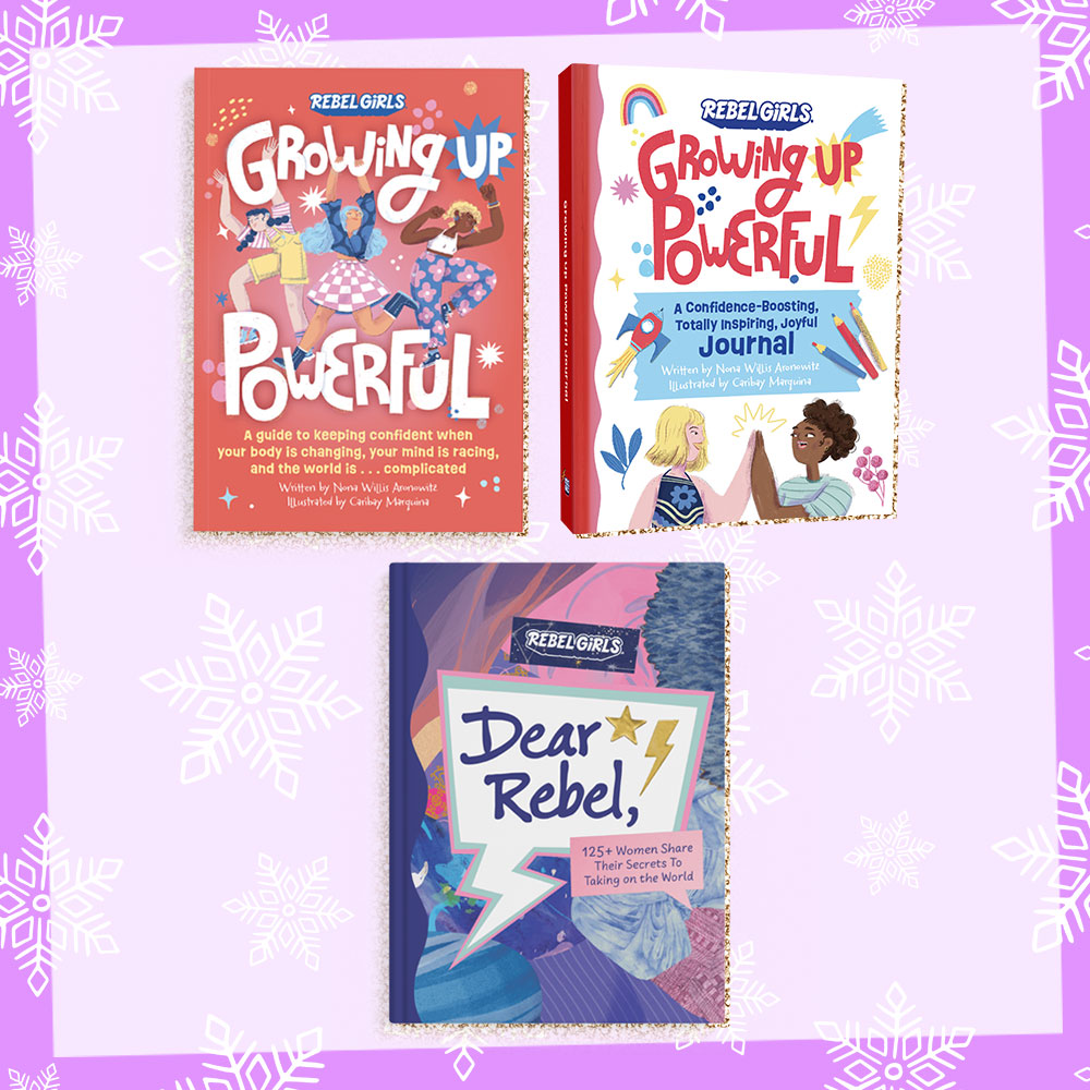 Prize graphic featuring all 3 books included in our Rebel Girls Growing Up Powerful Bundle giveaway. Fully detailed rules, entry form, & prize info detailed below this image.