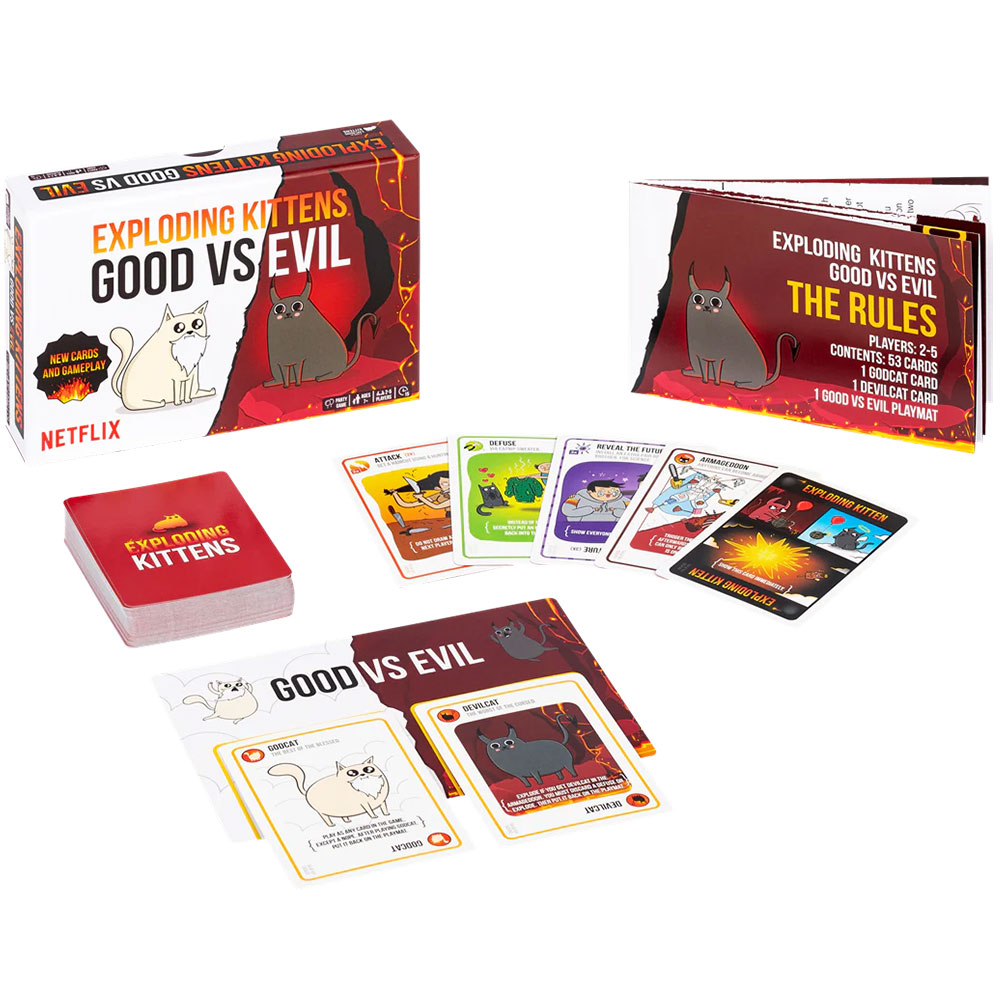 Exploding Kittens Good vs. Evil game box surrounded by cards and instructions