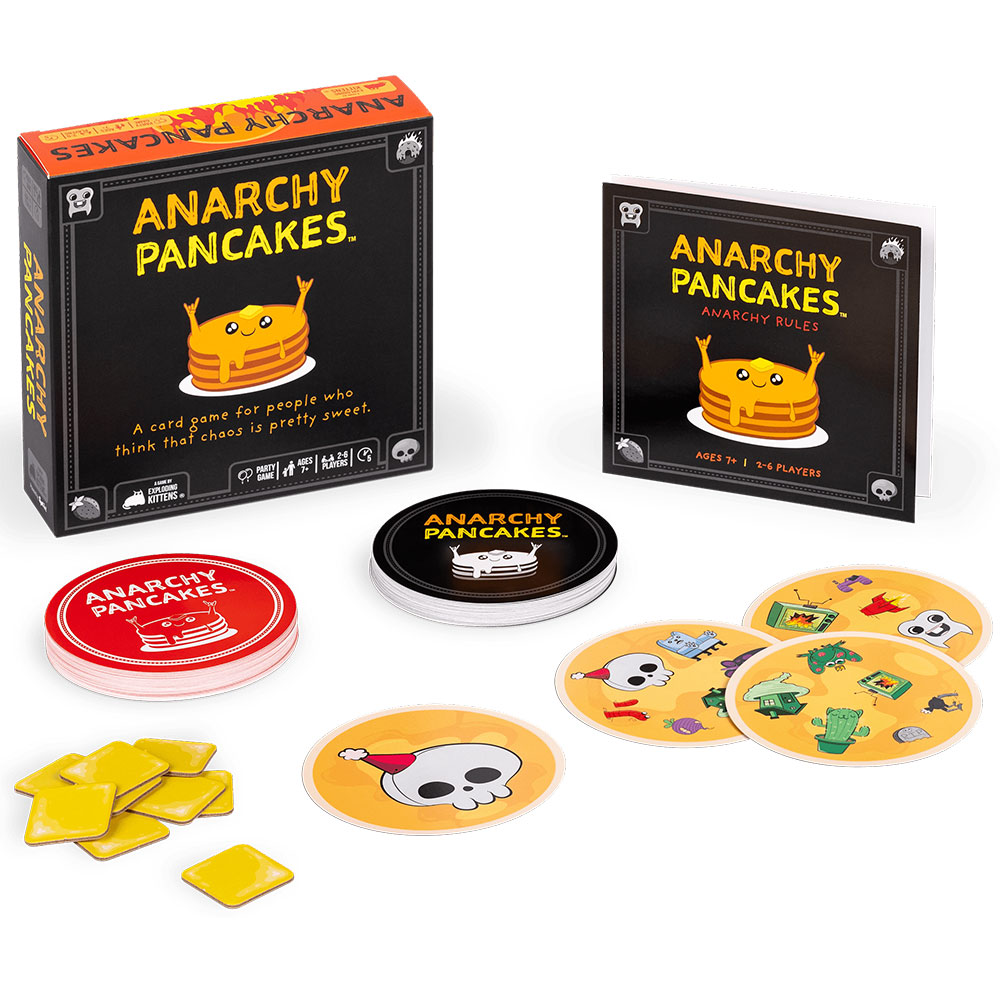 Anarchy Pancakes game box surrounded by game pieces