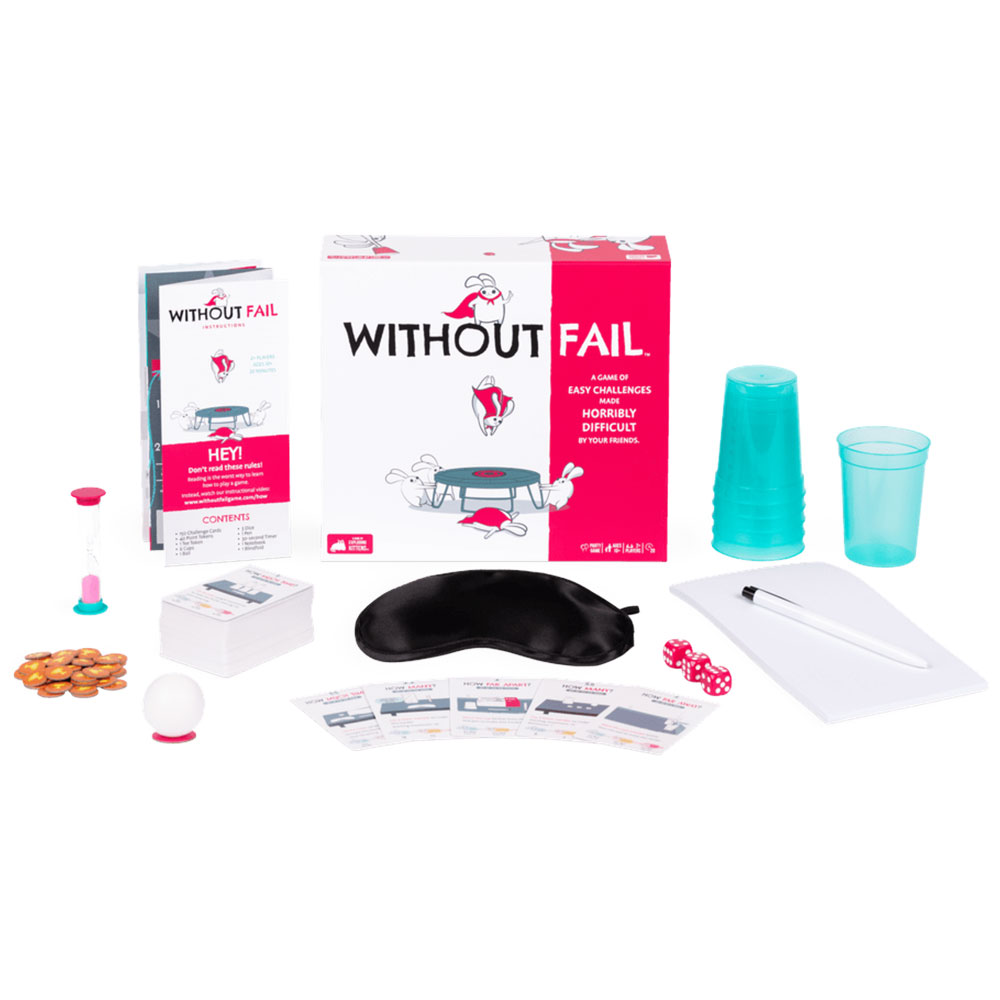 Without Fail game box surrounded by challenge elements, like plastic cups, a blindfold mask, timer, cards, and more